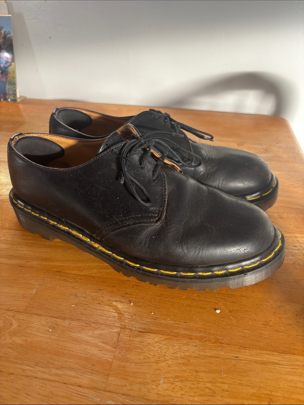 Dr. Martens Black Leather Derby Shoes with Yellow Stitching made in England